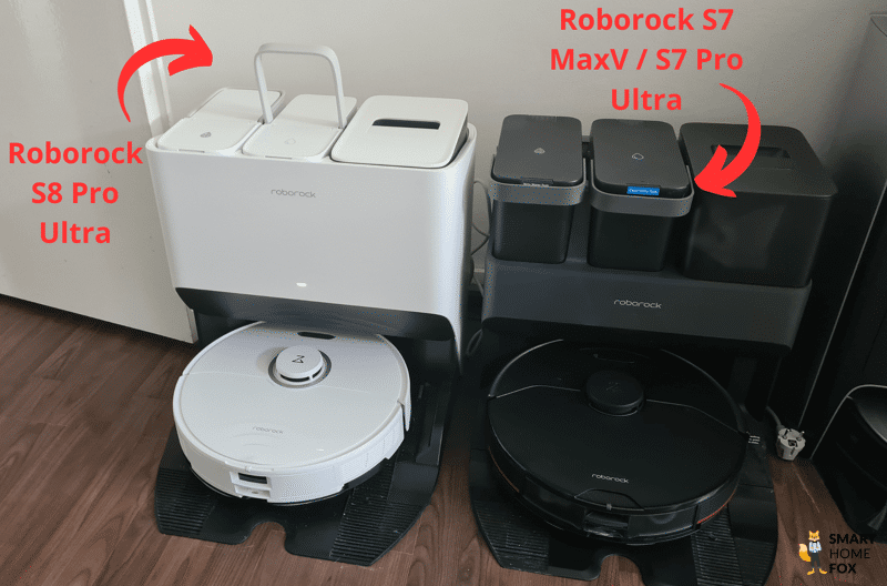 Видно разное расположение ручек на емкостях для воды станции Roborock S8 Pro Ultra по сравнению со станциями Roborock S7 Pro Ultra или S7 MaxV Ultra.